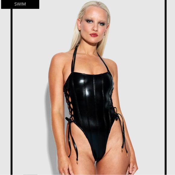 Shiny Black Halter Swim One Piece w/lace up detailing - Picture 1 of 9
